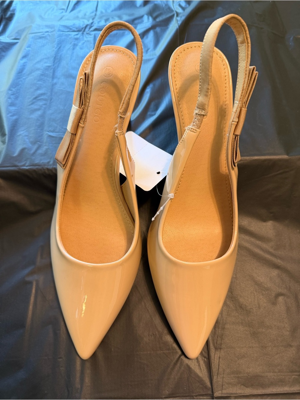 Coutgo Women’s Slingback Kitten Heels Patent Leather Slip-on Khaki size 8.5